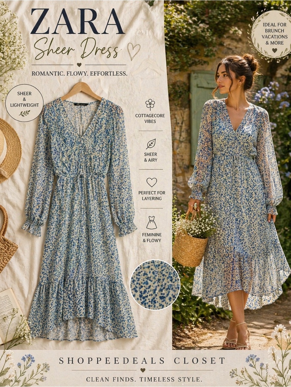 ZARA Sheer Blue Floral Midi Dress Long Sleeve Romantic Flowy